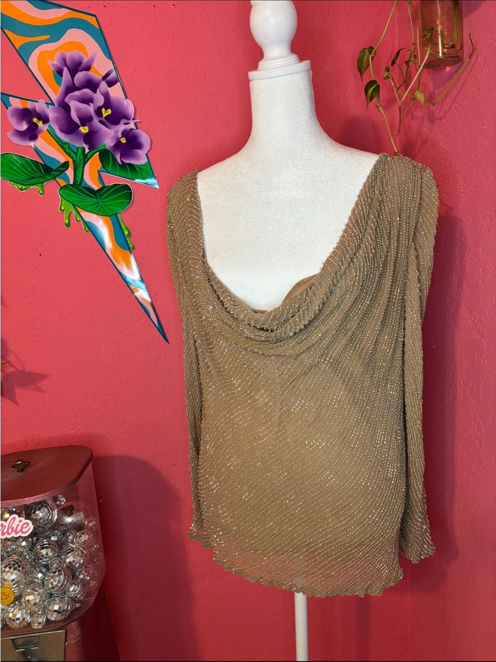 Vintage Gold Beaded Cowl Neck Women's Top - Size Large/XL